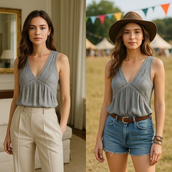 POL Womens Tank Top Silver Grey M Artisanal Core Boho Chic Romantic Core - Picture 1 of 14